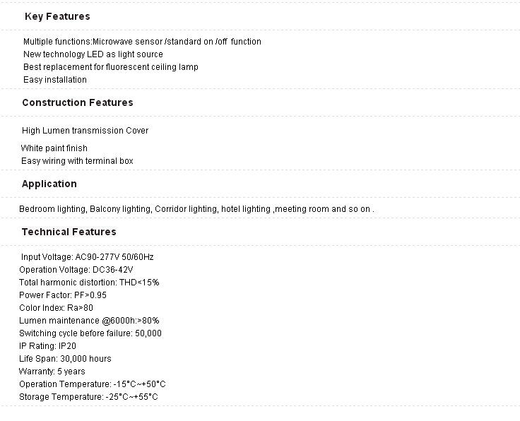 4000k 5000k Led Ceiling Light with Micro-wave Sensor